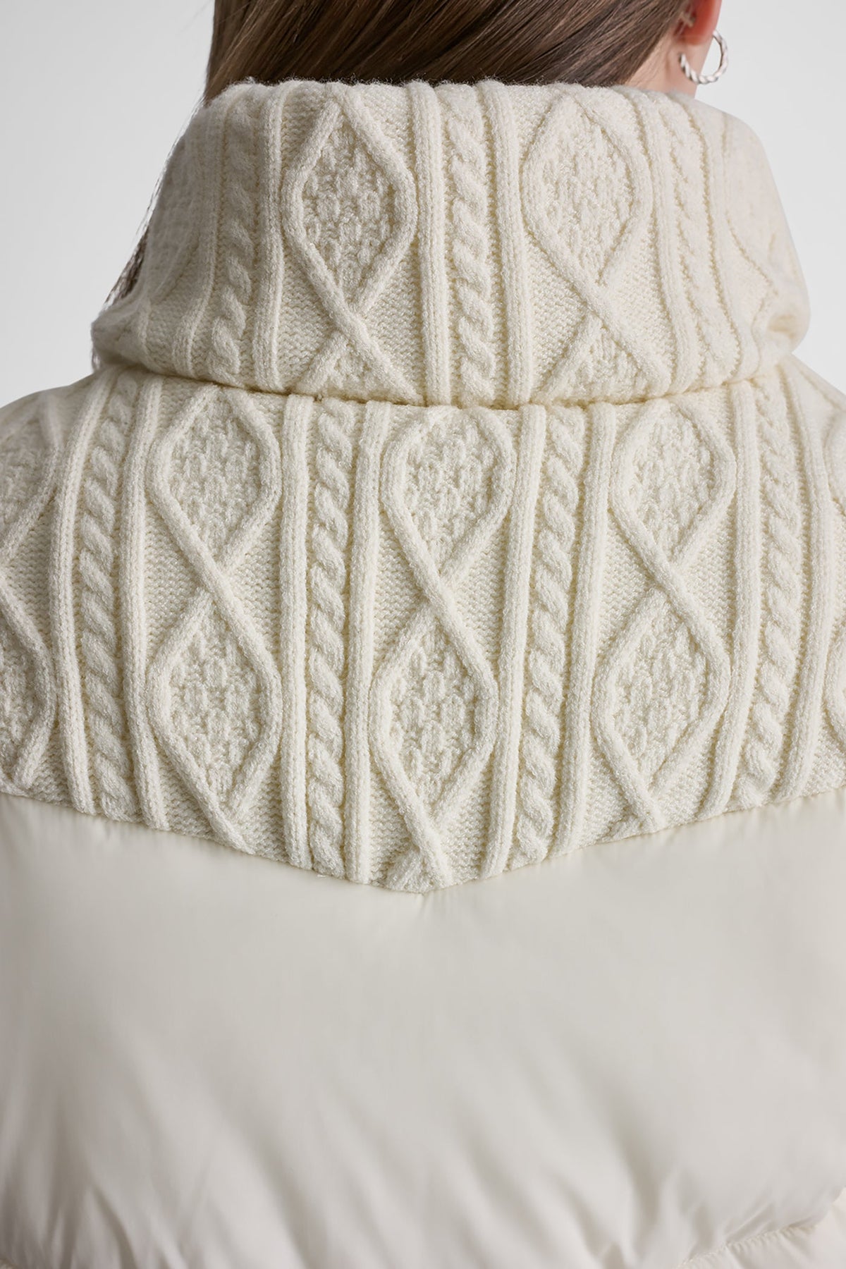 DKNY CABLE KNIT MOCK NECK PUFFER JACKET