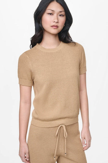 DKNY SHORT SLEEVE TUCK STITCH SWEATER