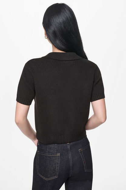 DKNY SHORT SLEEVE TIE FRONT POLO SWEATER