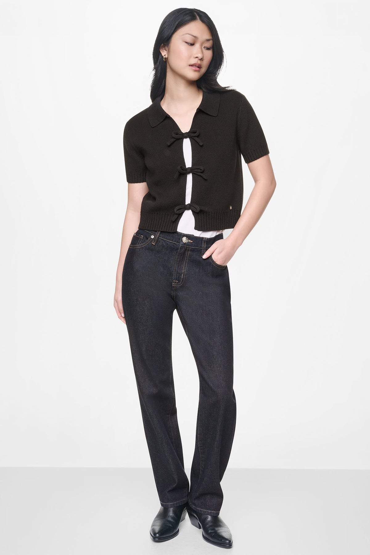 DKNY SHORT SLEEVE TIE FRONT POLO SWEATER