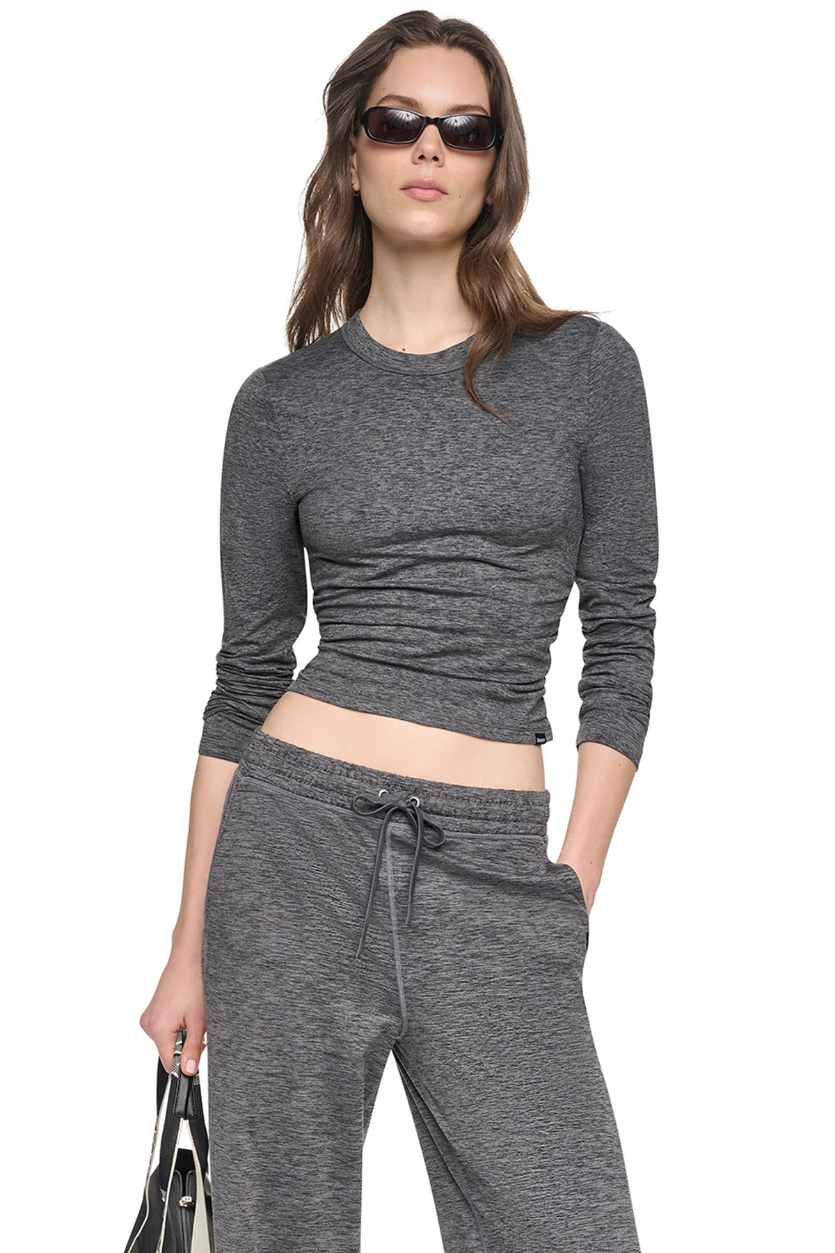 DKNY LONG SLEEVE SPACEDYE RUCHED TOP