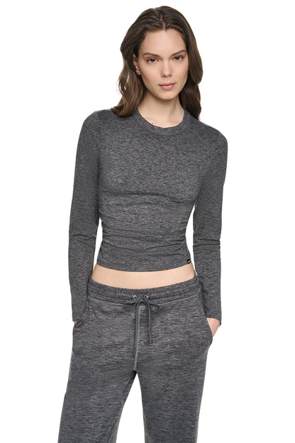 DKNY LONG SLEEVE SPACEDYE RUCHED TOP