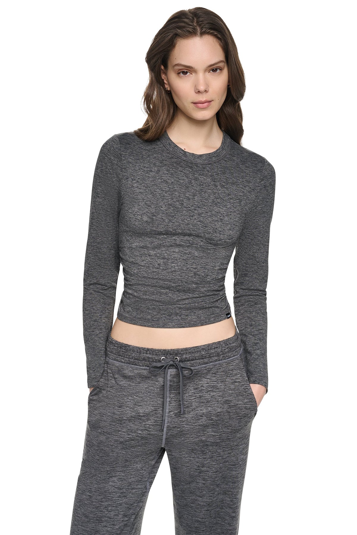 DKNY LONG SLEEVE SPACEDYE RUCHED TOP