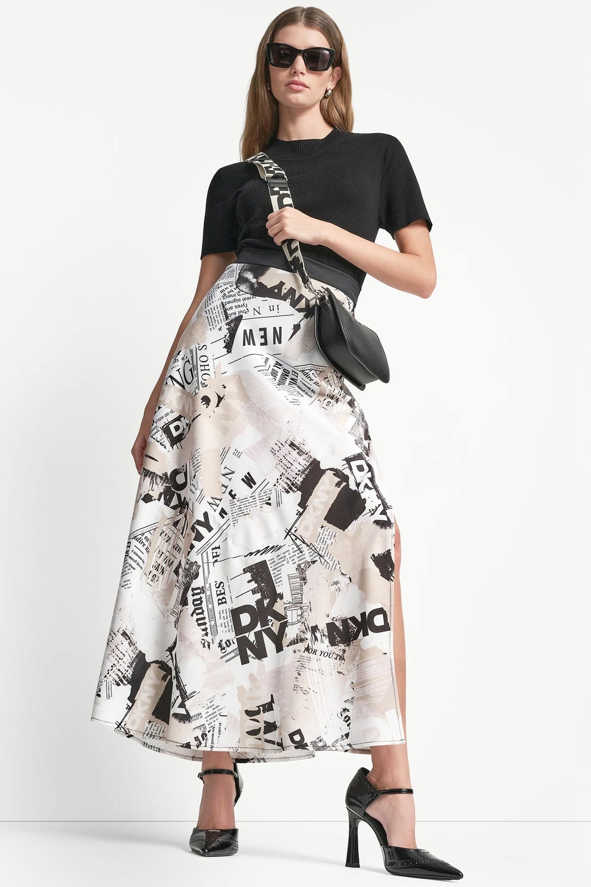 DKNY NEWSPAPER PRINT MIDI SKIRT