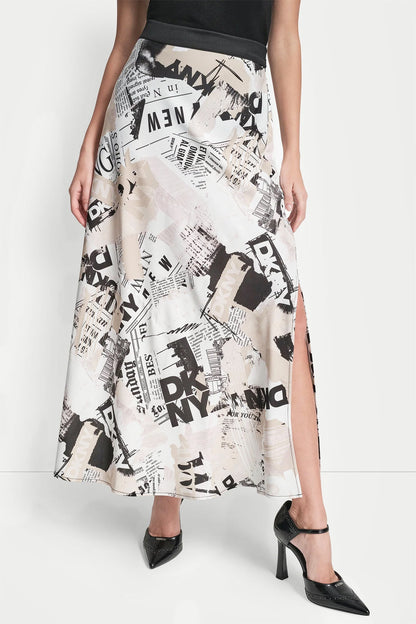 DKNY NEWSPAPER PRINT MIDI SKIRT