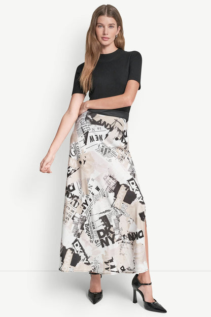 DKNY NEWSPAPER PRINT MIDI SKIRT
