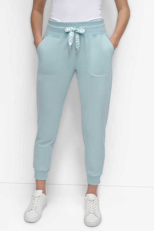 DKNY TWO-TONE HIGH-RISE LOGO DRAWSTRING SKINNY JOGGER