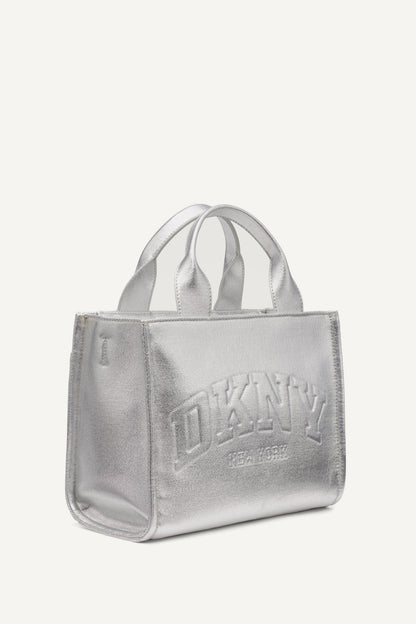 DKNY HADLEE SMALL METALLIC LOGO-EMBOSSED TOTE