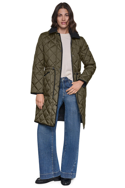 DKNY CORDUROY COLLAR HOODED QUILTED COAT