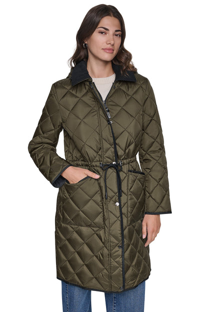 DKNY CORDUROY COLLAR HOODED QUILTED COAT