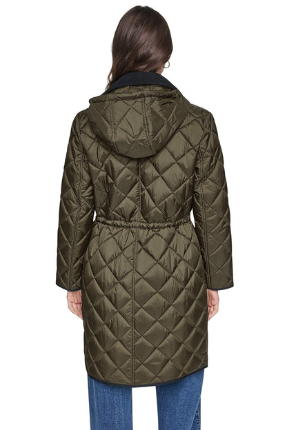 DKNY CORDUROY COLLAR HOODED QUILTED COAT