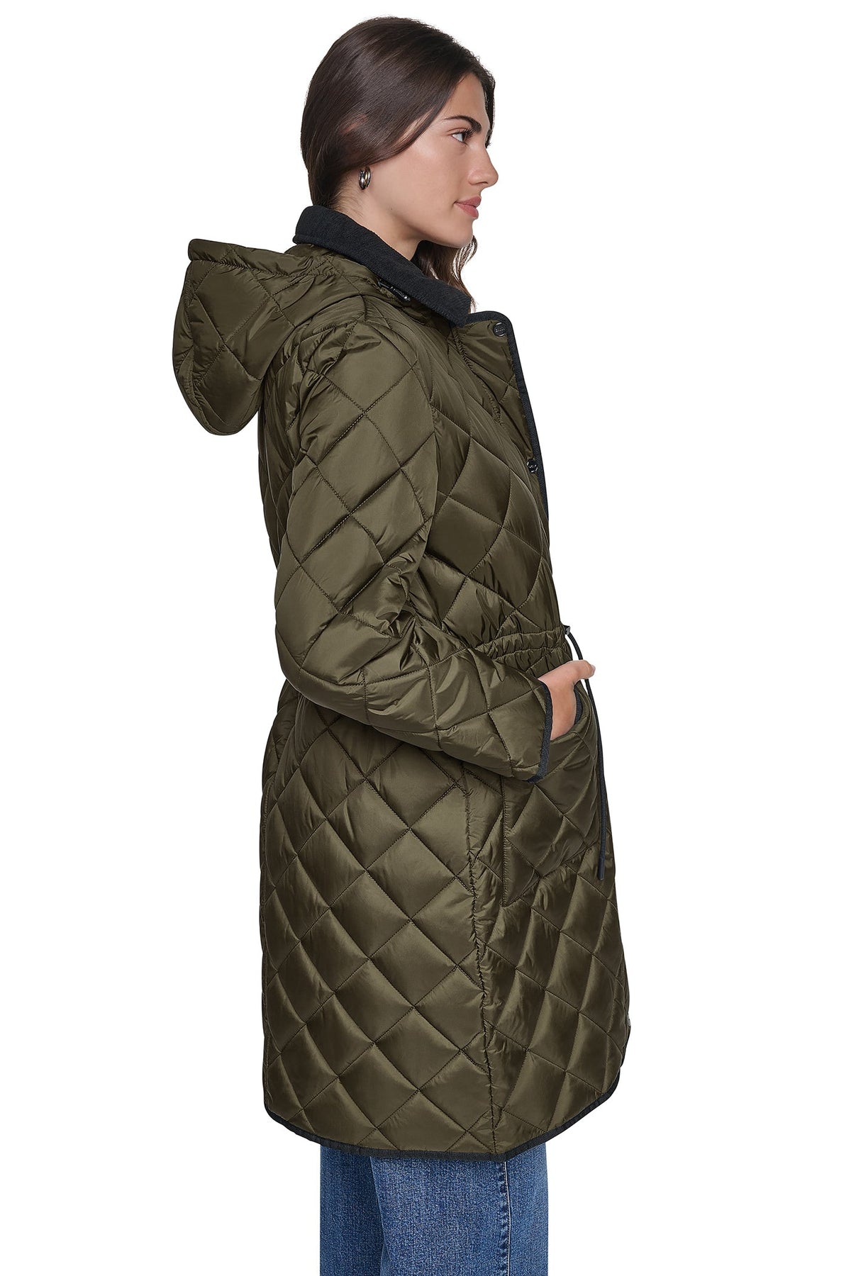 DKNY CORDUROY COLLAR HOODED QUILTED COAT
