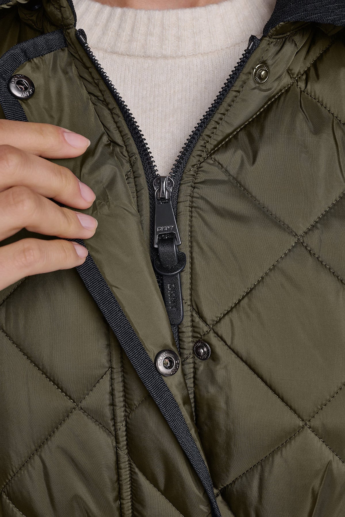 DKNY CORDUROY COLLAR HOODED QUILTED COAT