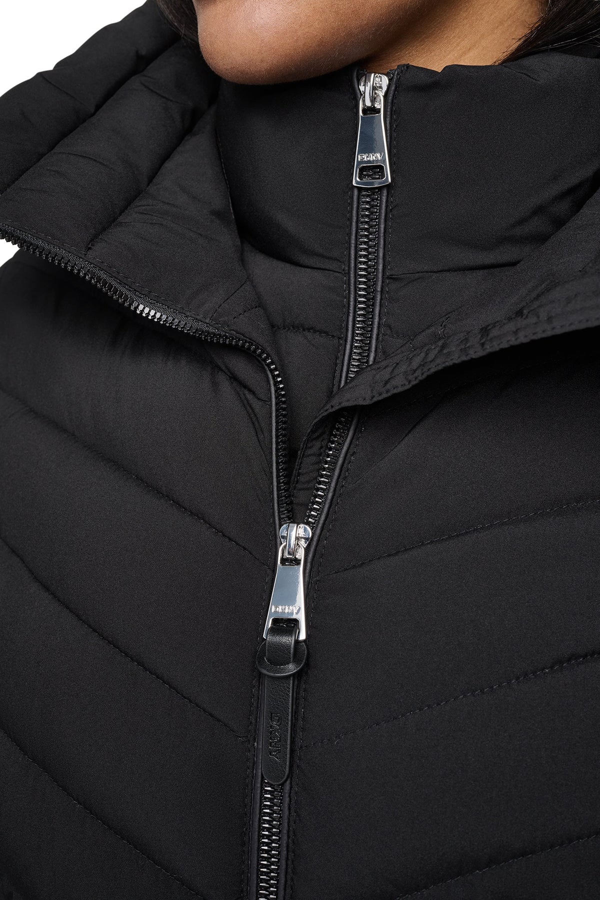 DKNY HOODED STAND COLLAR PUFFER