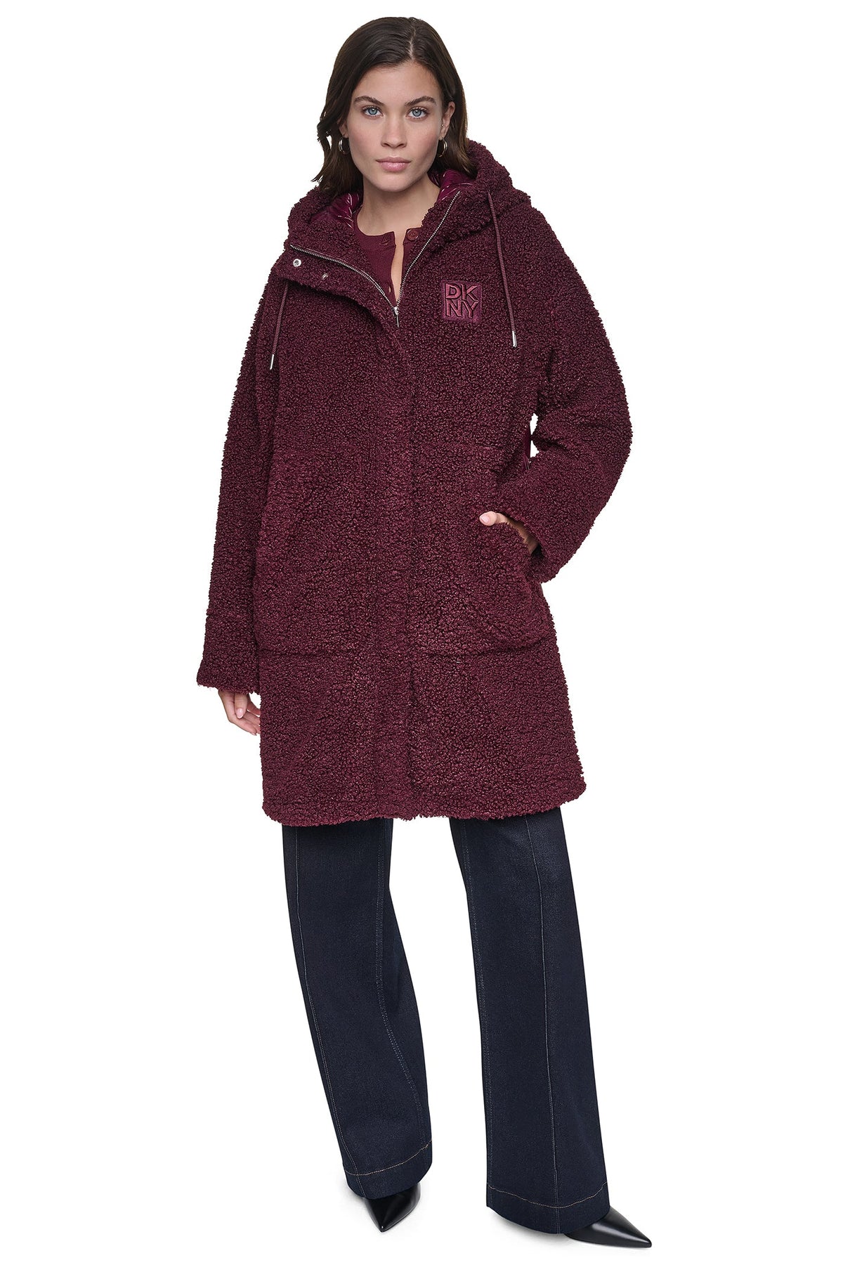 DKNY SHERPA MIXED MEDIA HOODED JACKET