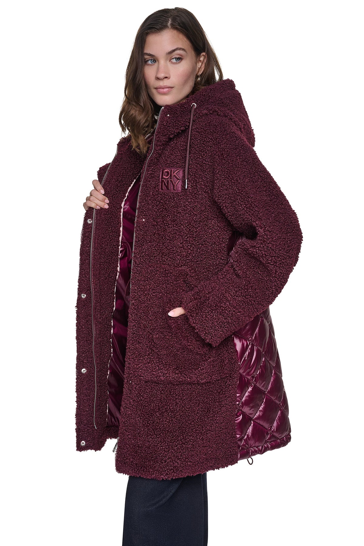DKNY SHERPA MIXED MEDIA HOODED JACKET