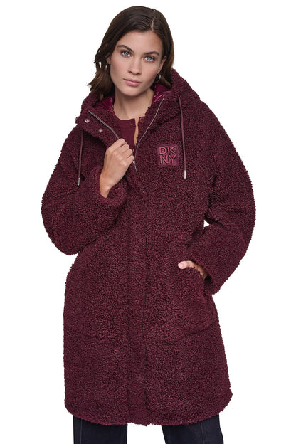 DKNY SHERPA MIXED MEDIA HOODED JACKET