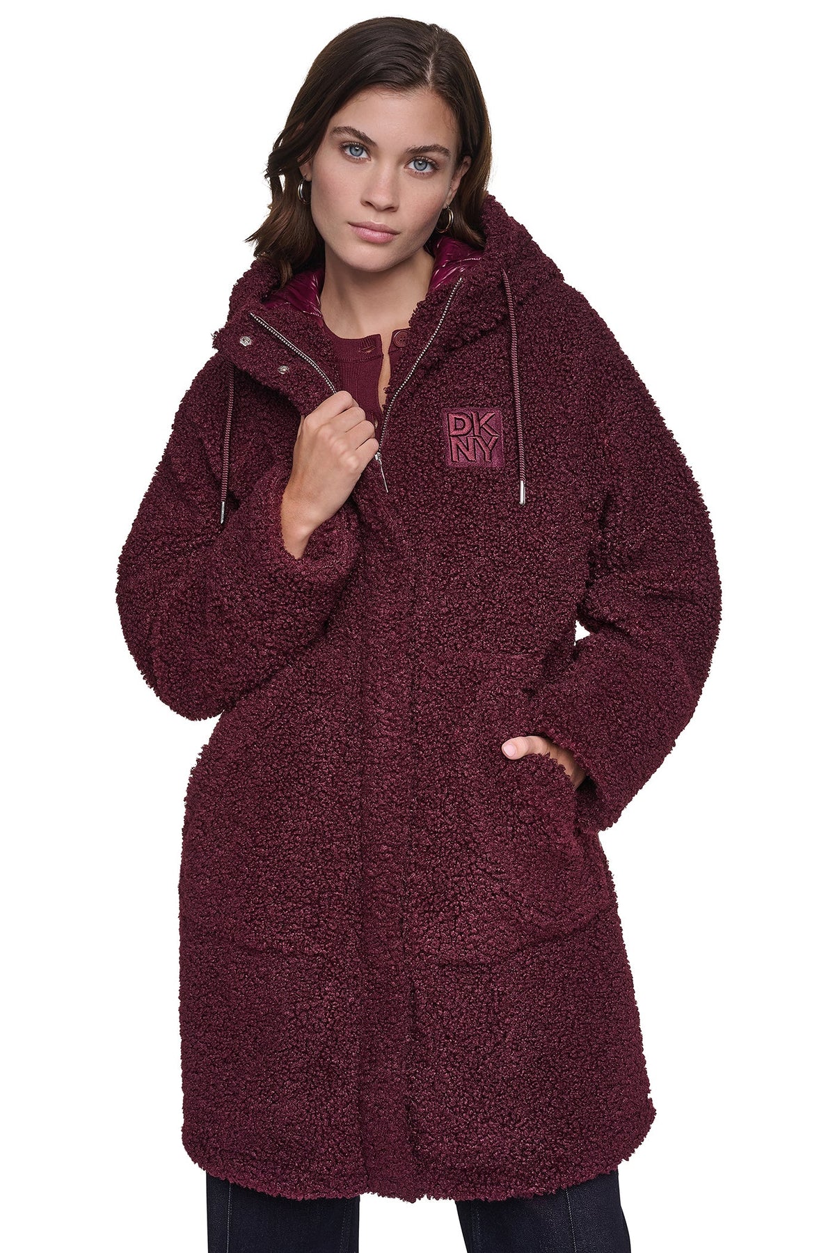 DKNY SHERPA MIXED MEDIA HOODED JACKET