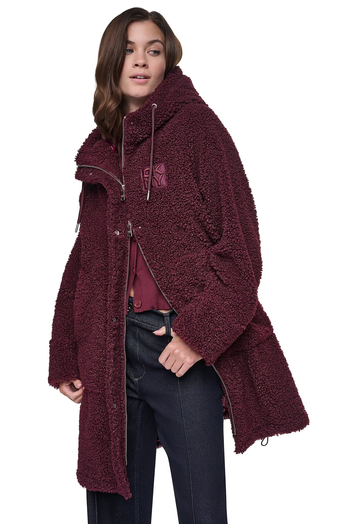 DKNY SHERPA MIXED MEDIA HOODED JACKET