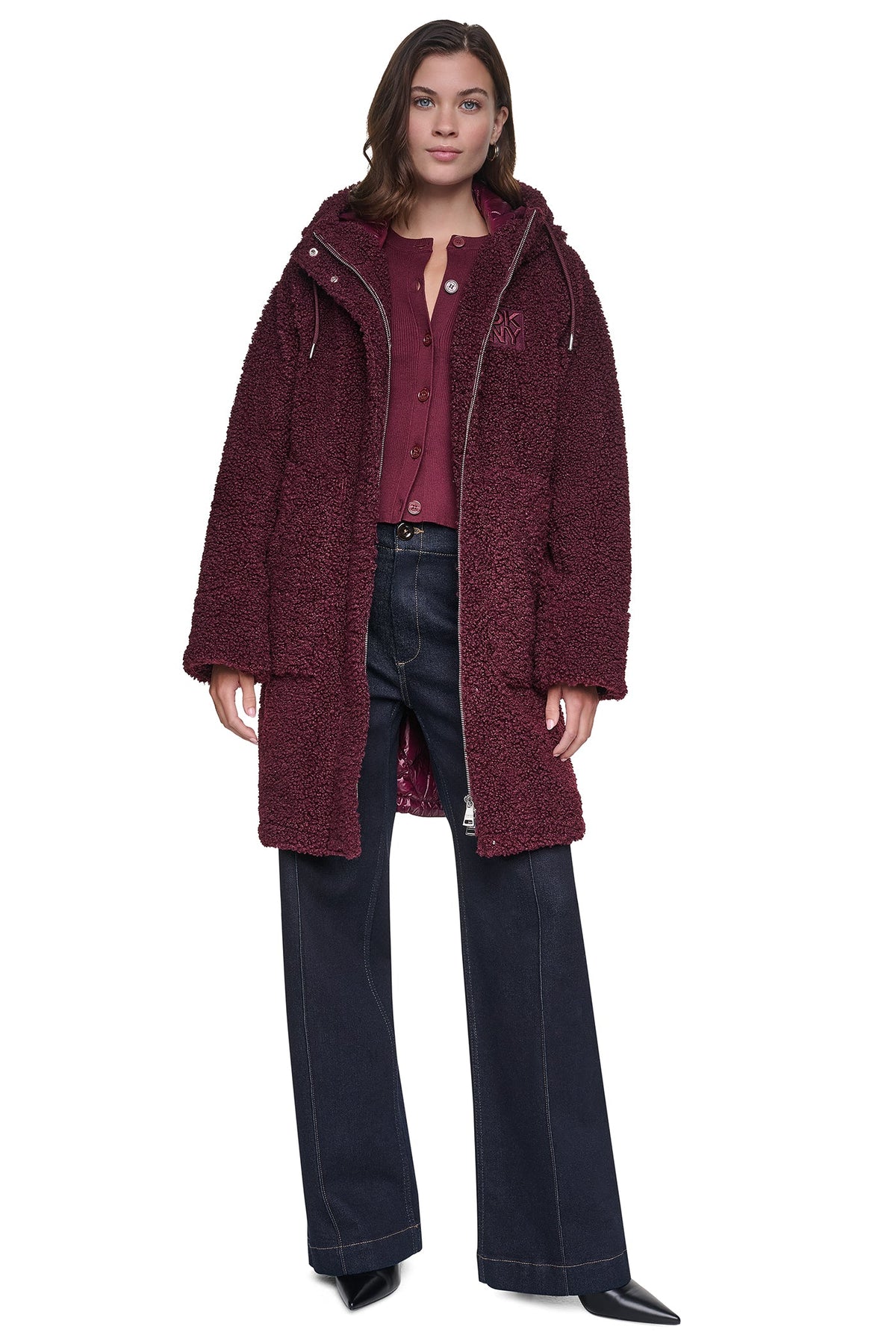 DKNY SHERPA MIXED MEDIA HOODED JACKET