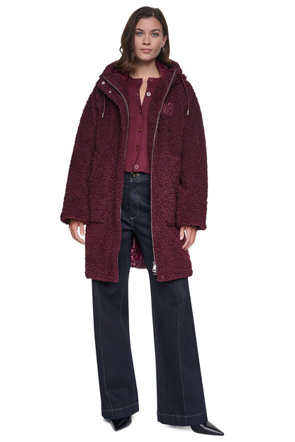 DKNY SHERPA MIXED MEDIA HOODED JACKET
