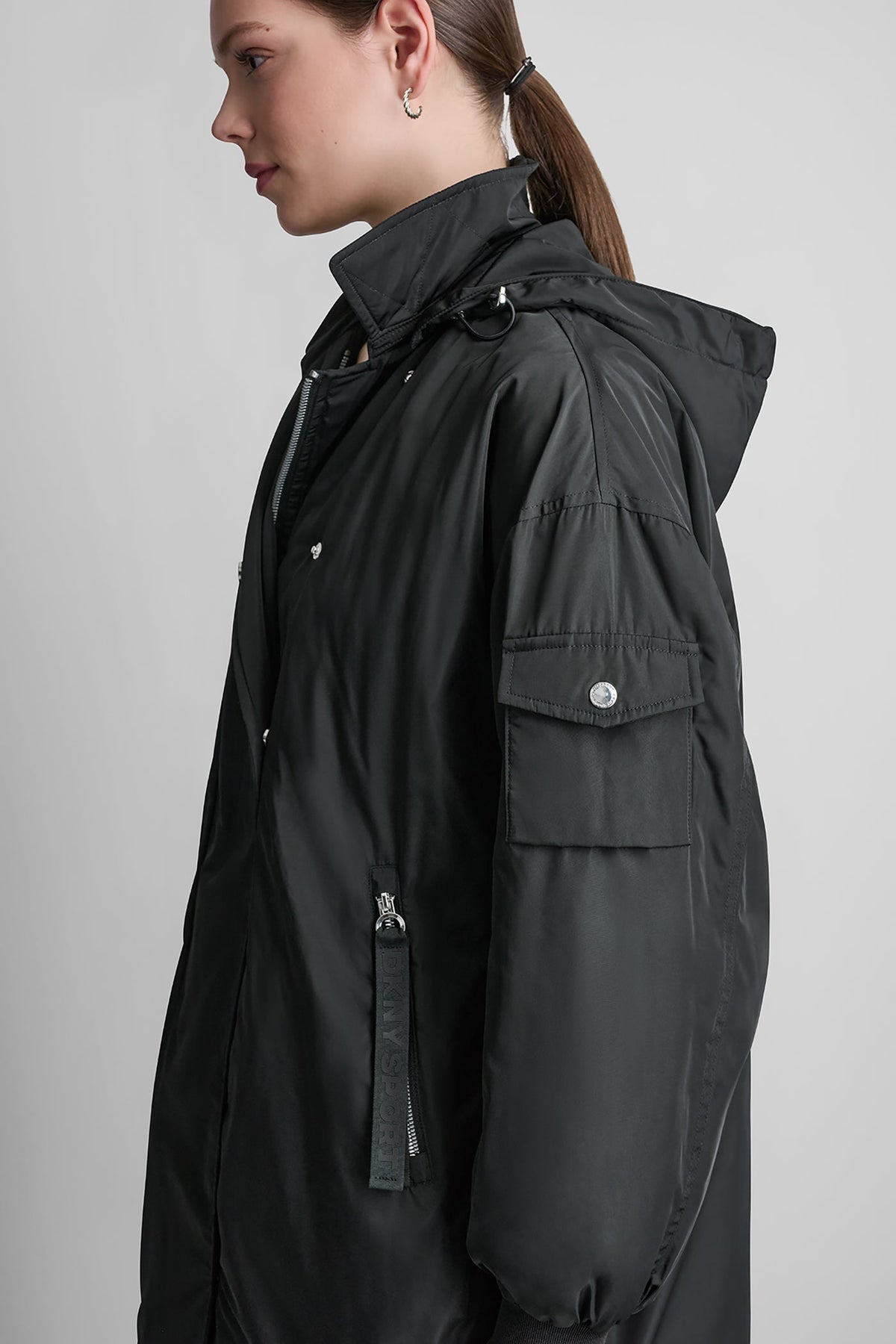DKNY LONG JACKET WITH REMOVABLE HOOD