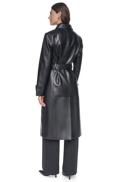 DKNY FAUX LEATHER BELTED LONG TRENCH