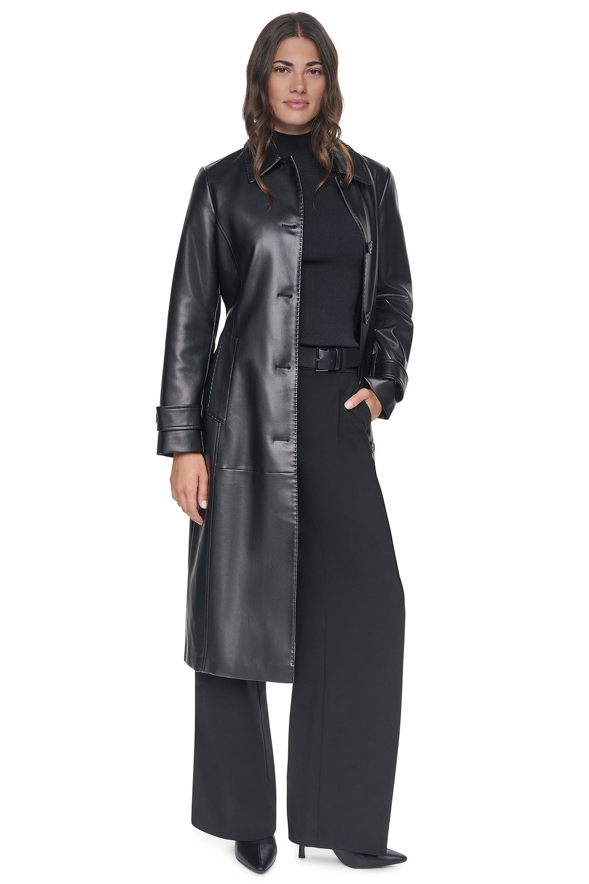 DKNY FAUX LEATHER BELTED LONG TRENCH