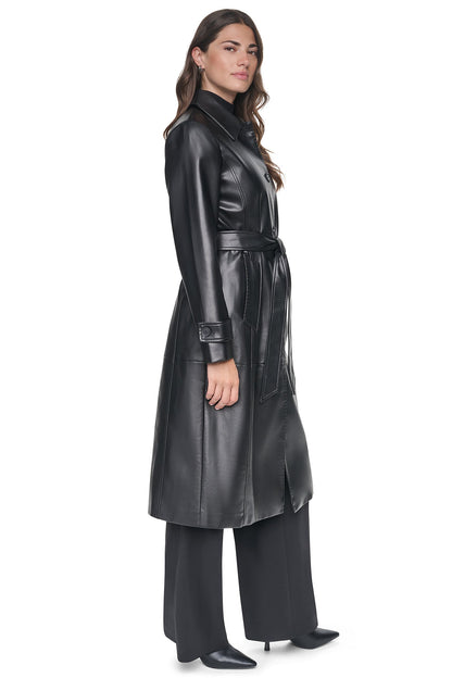 DKNY FAUX LEATHER BELTED LONG TRENCH