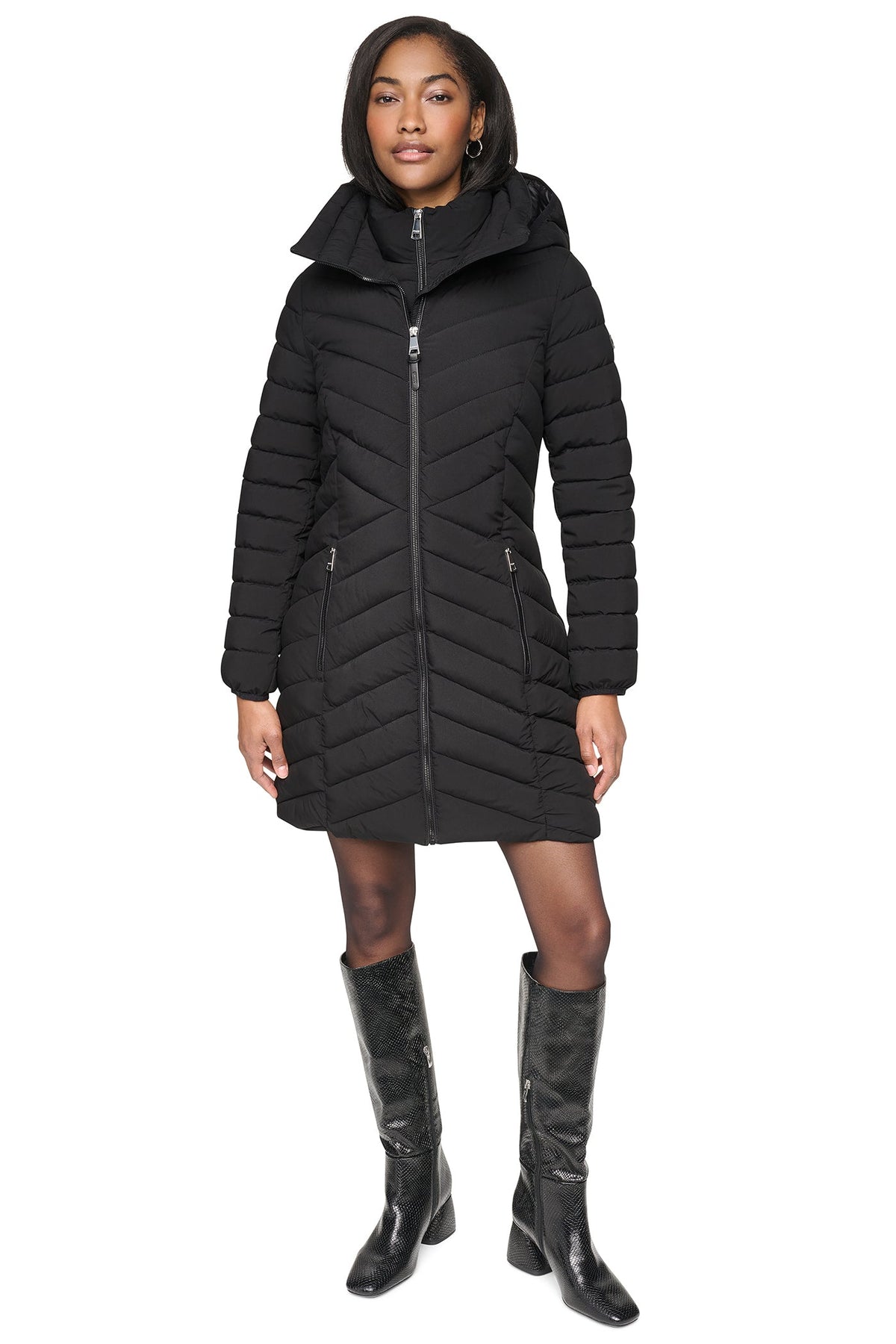 DKNY HOODED STAND COLLAR PUFFER