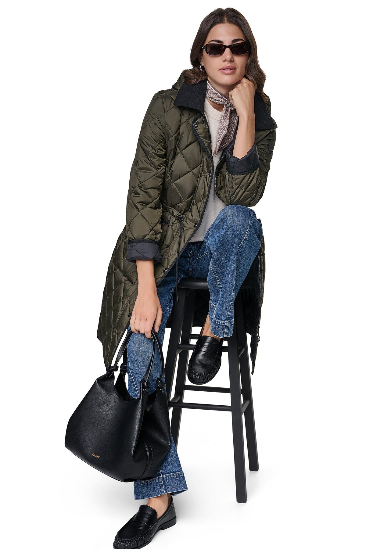 DKNY CORDUROY COLLAR HOODED QUILTED COAT