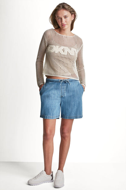 DKNY MID-RISE RELAXED DENIM SHORT WITH DRAWCORD