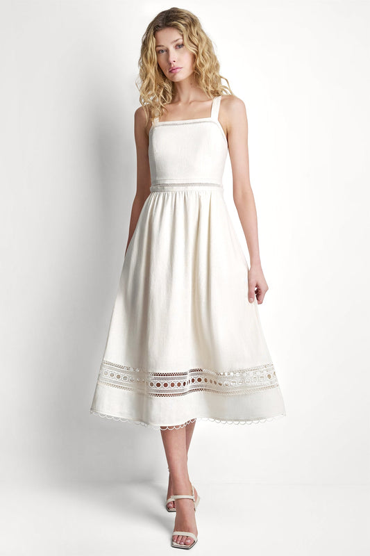 DKNY LINEN-BLEND LACE-TRIMMED MIDI DRESS