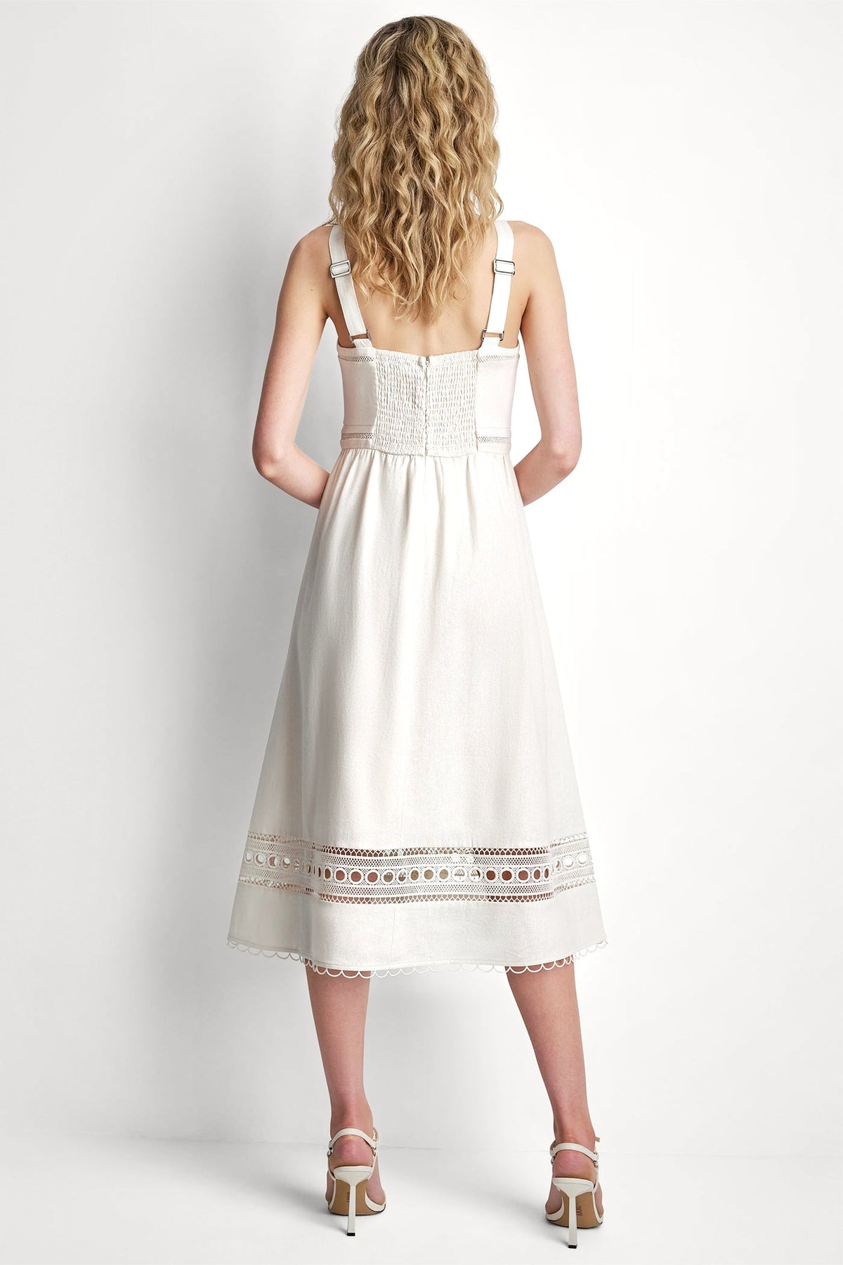DKNY LINEN-BLEND LACE-TRIMMED MIDI DRESS