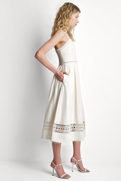 DKNY LINEN-BLEND LACE-TRIMMED MIDI DRESS