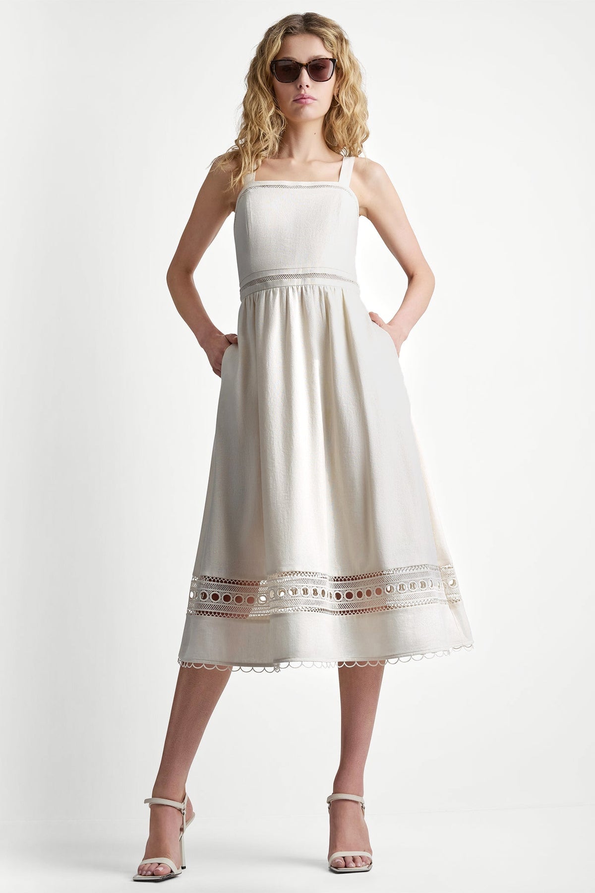DKNY LINEN-BLEND LACE-TRIMMED MIDI DRESS