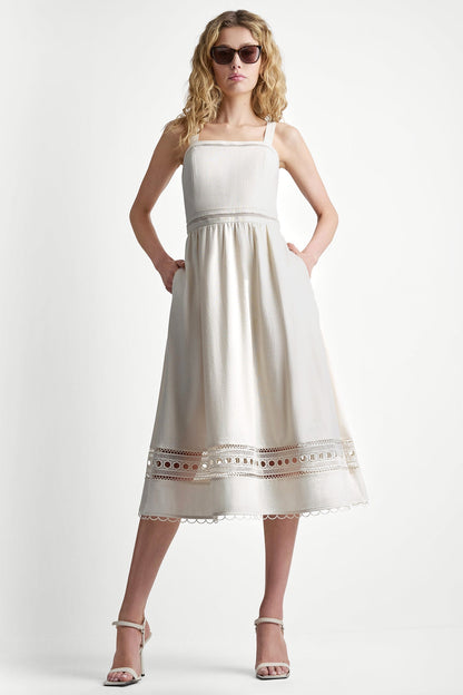DKNY LINEN-BLEND LACE-TRIMMED MIDI DRESS