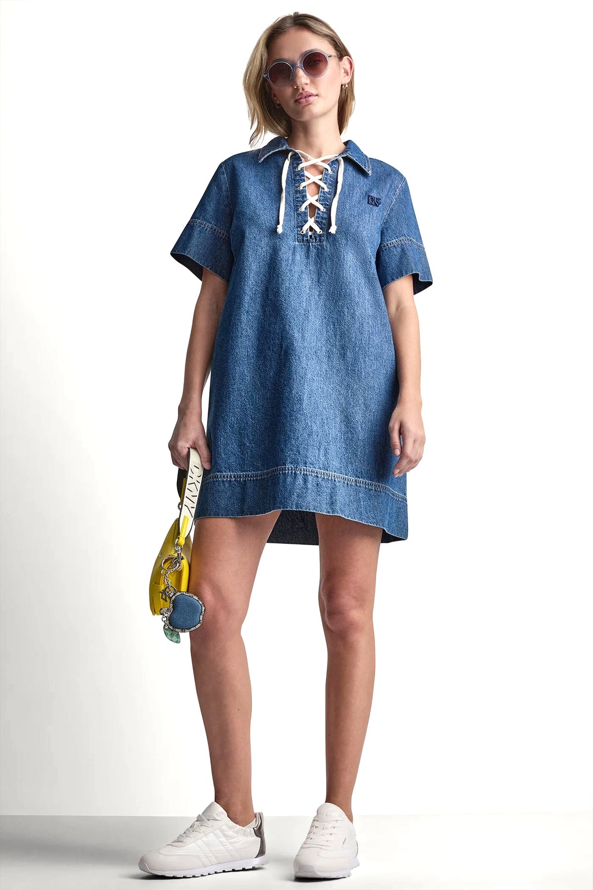 DKNY LACE UP DENIM SHIFT DRESS