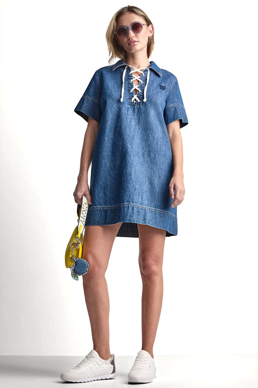 DKNY LACE UP DENIM SHIFT DRESS
