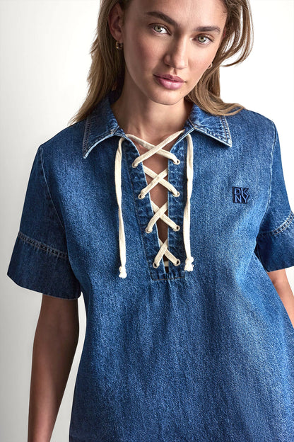 DKNY LACE UP DENIM SHIFT DRESS