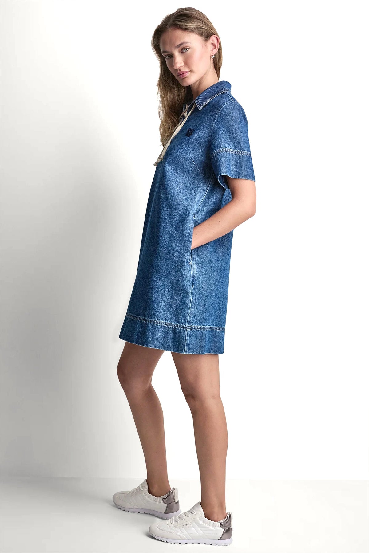 DKNY LACE UP DENIM SHIFT DRESS