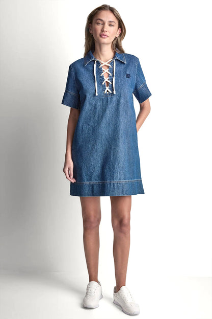 DKNY LACE UP DENIM SHIFT DRESS