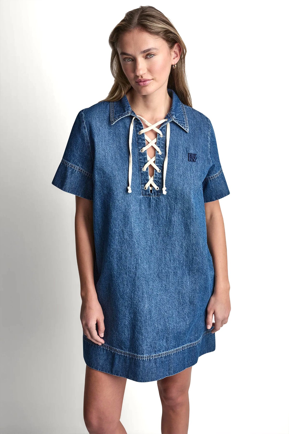 DKNY LACE UP DENIM SHIFT DRESS