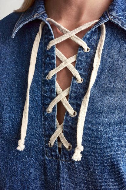 DKNY LACE UP DENIM SHIFT DRESS