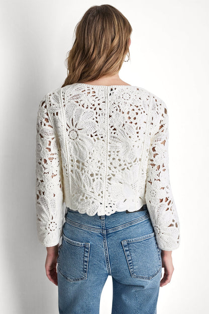 DKNY FLORAL CROCHET CARDIGAN WITH SCALLOP HEM