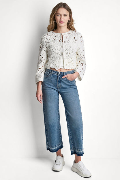 DKNY FLORAL CROCHET CARDIGAN WITH SCALLOP HEM