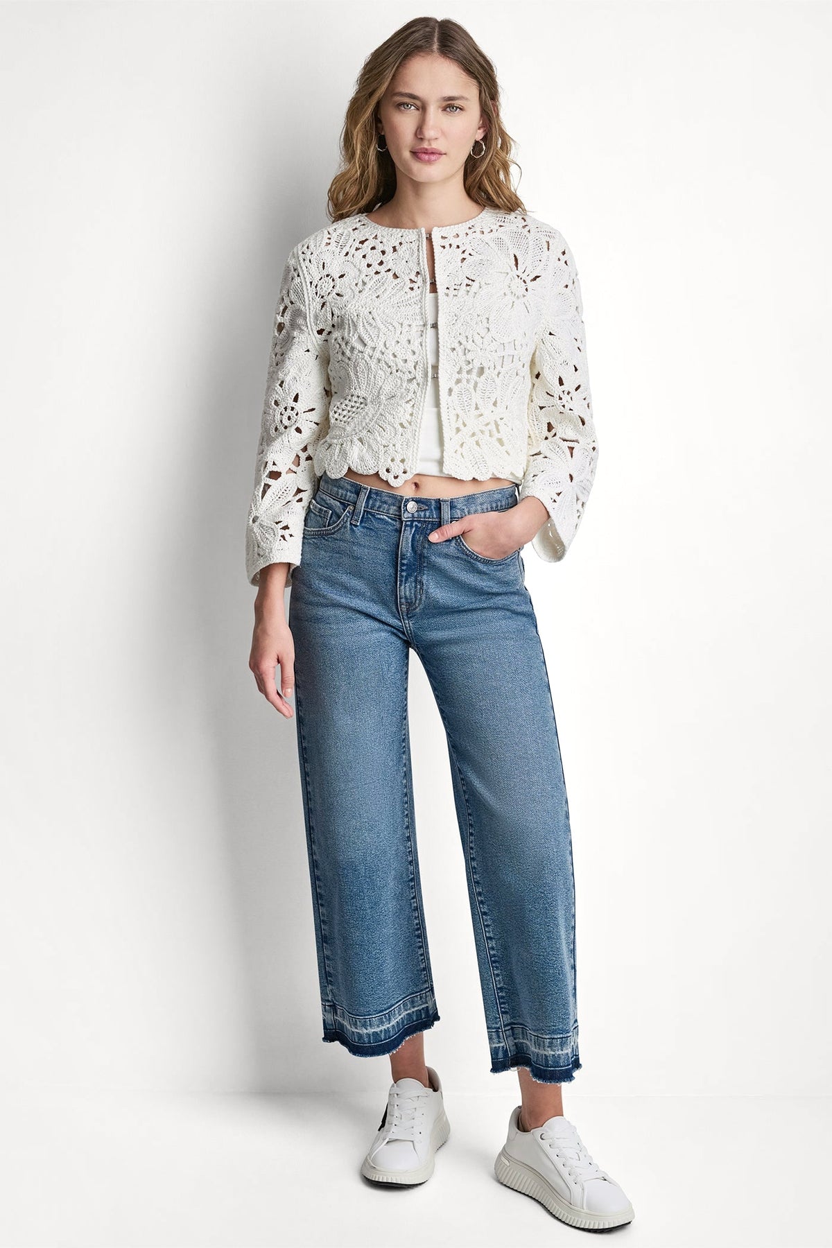 DKNY FLORAL CROCHET CARDIGAN WITH SCALLOP HEM