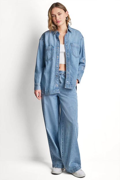 DKNY DENIM SHIRT WITH LOGO CUTOUT