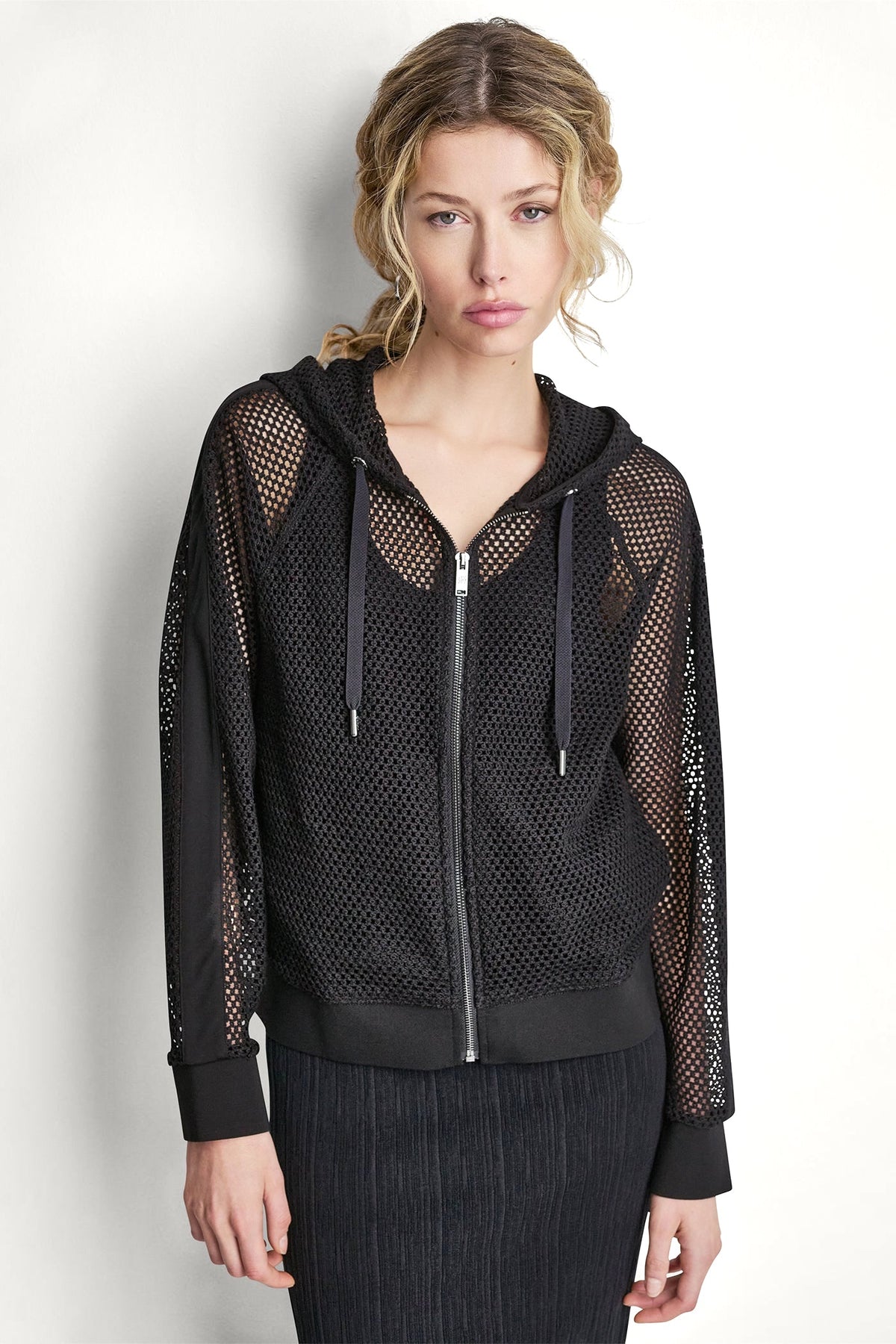 DKNY MESH LOGO ZIP-UP HOODIE
