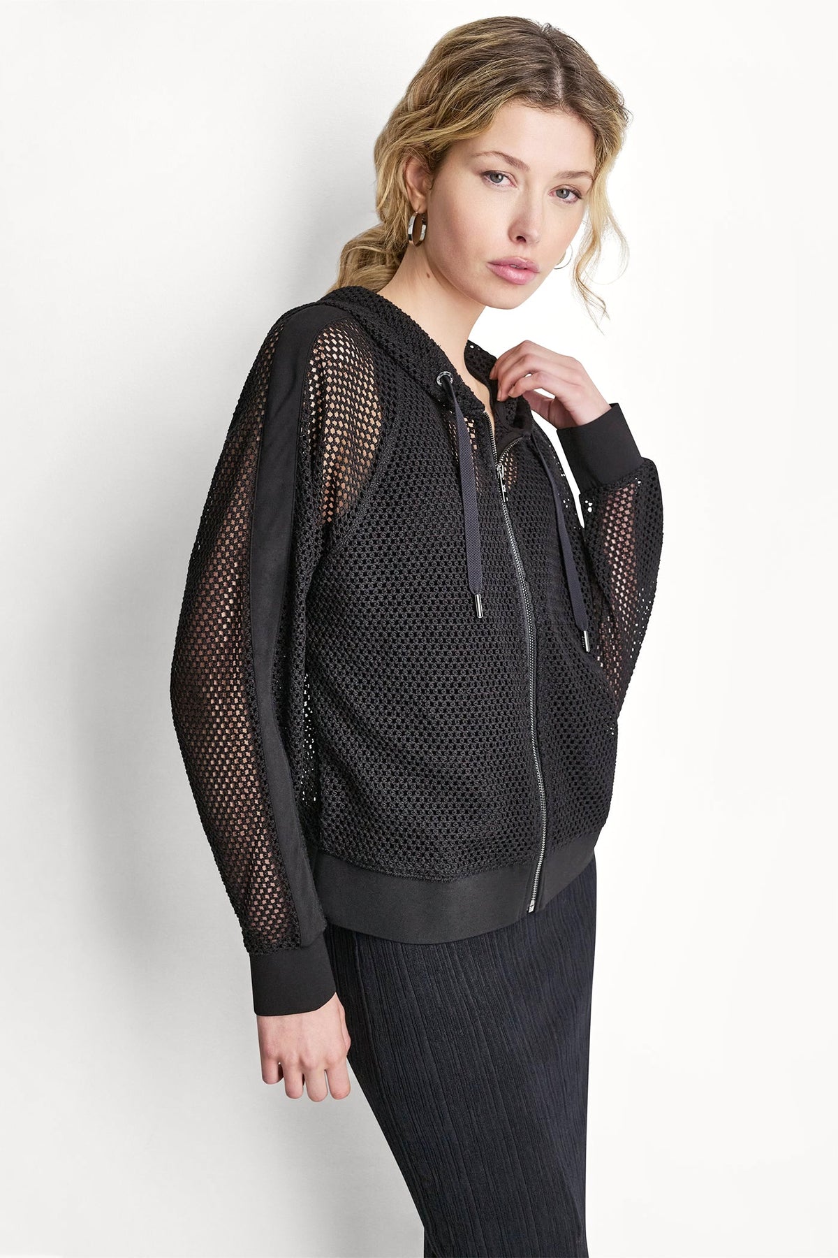 DKNY MESH LOGO ZIP-UP HOODIE